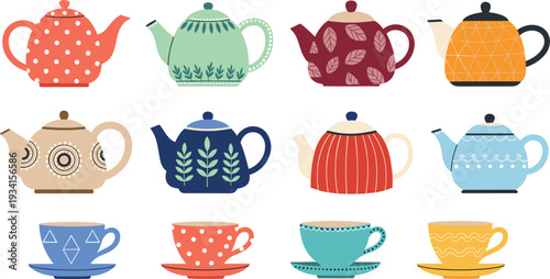 Colorful teapot and teacup vector collection with decorative patterns vintage ceramic kitchenware set