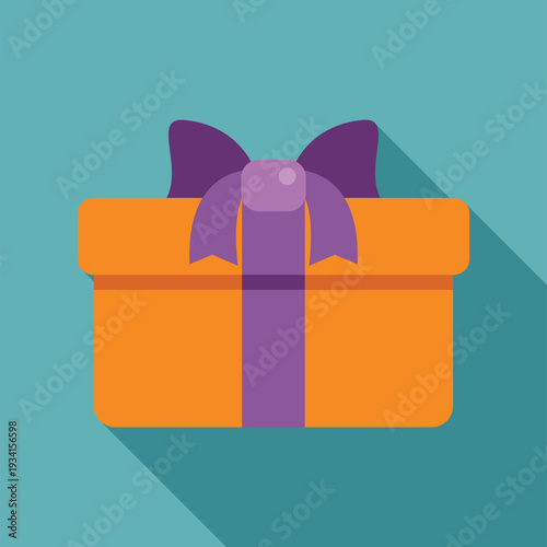 Orange gift box with purple ribbon and bow on a blue background
