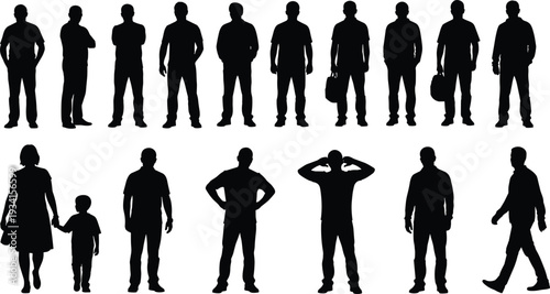 Silhouette collection of men, women, and a child in various poses and outfits on a white background people