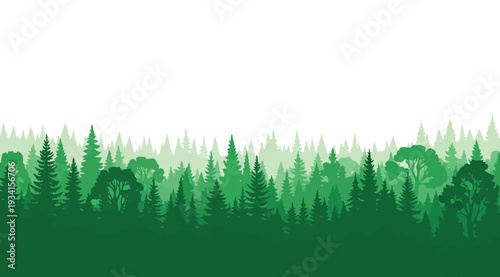 A forest landscape with various green trees on a white background