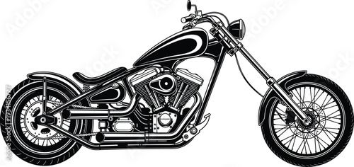 Black vintage chopper motorcycle vector illustration isolated on white background detailed custom bobber cruiser side view design