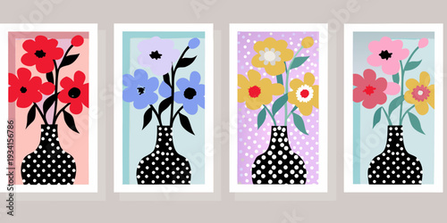 Four framed floral prints displaying colorful flowers in dotted vases
