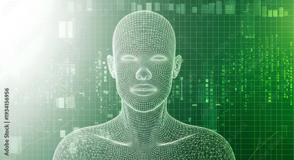 Obraz premium A futuristic digital human illustration with a green grid background