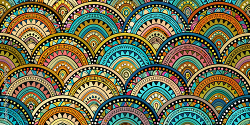 Colorful bohemian pattern featuring concentric arcs and intricate details
