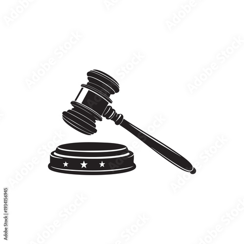 Judge’s Gavel Icon with Sound Block and Stars Representing Law and Justice Vector Illustration