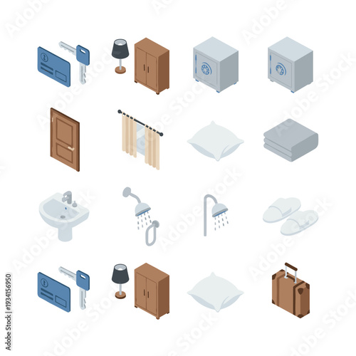 Isometric hotel room amenities and furniture collection for travel and hospitality design