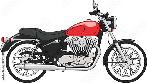 Classic red and black vintage motorcycle vector illustration isolated on white background detailed retro cruiser side view design