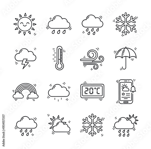 Collection of hand-drawn weather icons representing various atmospheric conditions and forecasts