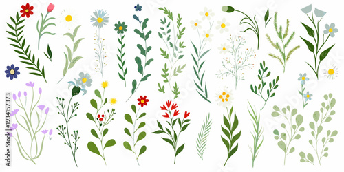 A colorful collection of illustrated wildflowers and green foliage elements