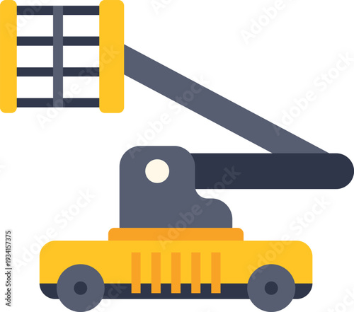 Yellow boom lift with a worker basket, extending arm and wheels for elevated access