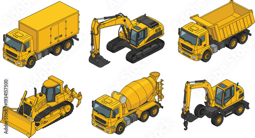 Isometric Heavy Construction Vehicle Vector Set with Excavator Bulldozer Concrete Mixer Dump Truck and Delivery Van