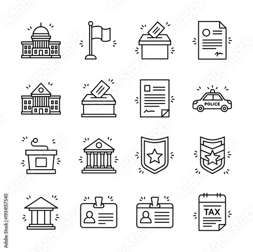 Collection of government and legal icons representing justice, law, and civic services