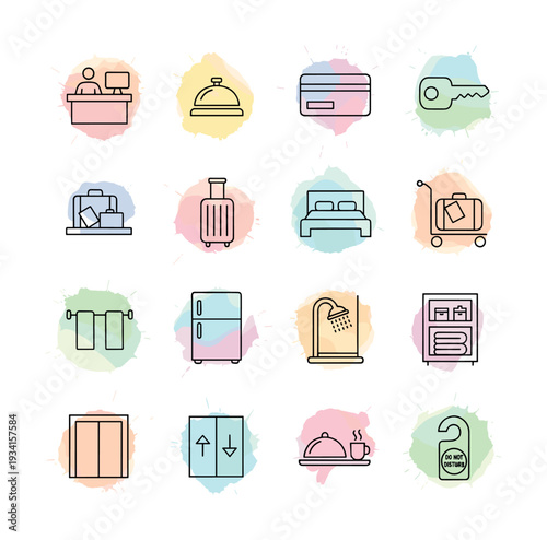 Collection of hotel service icons with watercolor splashes, representing hospitality and travel amenities