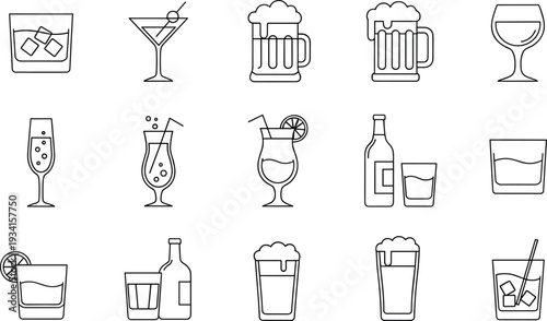 Various Icon Drinks and Glasses on Table Setting Create Refreshing Icon Experience