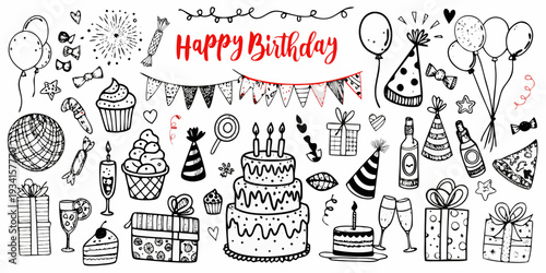 A festive birthday illustration featuring cakes balloons and celebratory items