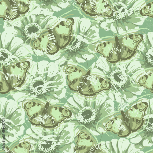 Pastel green camouflage seamless pattern with stylized butterflies, floral elements. Abstract grunge style. Wild nature. Soft muted colors. For apparel, fabric, textile, sport goods design.