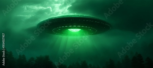 Flying saucer with green energy light. Generative AI technology.	
