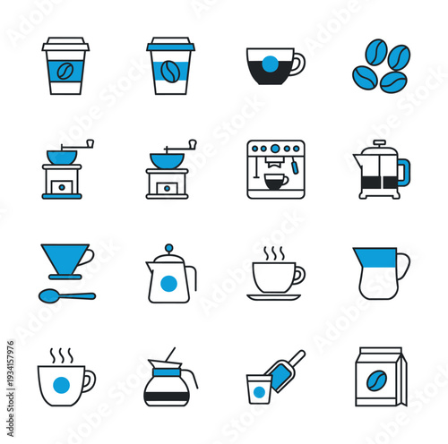 Collection of coffee making equipment and beverages in a clean, modern icon set