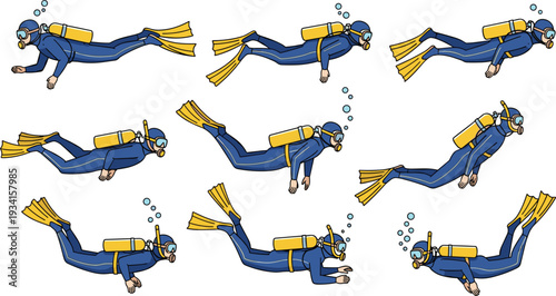 Scuba diver vector illustration set with underwater swimming poses diving equipment and bubbles collection