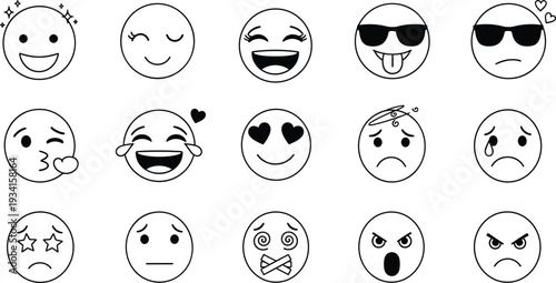 Collection of various emoticon faces forming an Icon set for digital communication