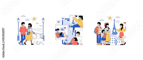 Family Vacation and Social Media Sharing Vector Illustration