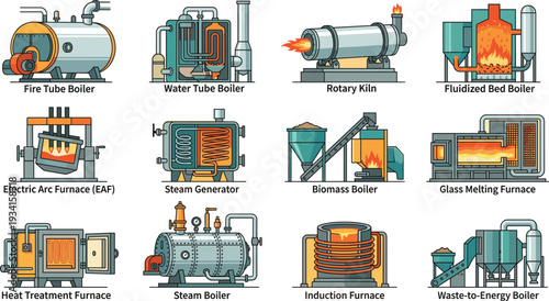 Industrial Boiler and Furnace Vector Set with Steam Generator Rotary Kiln and Induction Heating Equipment Flat Illustration
