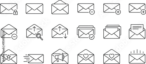 The Icon Collection Features Various Email Symbols and Envelopes with Different Graphics.