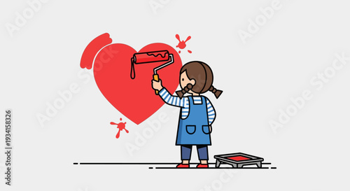 A young girl painting a large red heart with a paint roller and tray