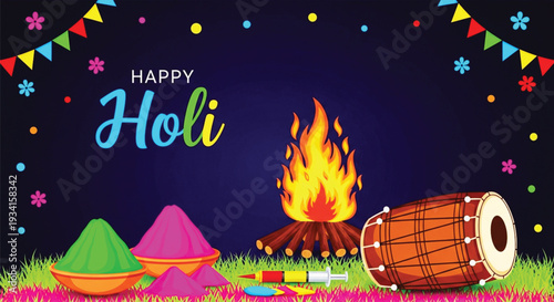 A vibrant illustration for happy holi festival with bonfire, colorful powders gulal, and dhol drum on dark background.