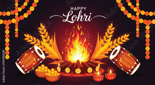 Happy lohri festival celebration with bonfire, dhol drums, wheat stalks, and traditional sweets on a deep red background.