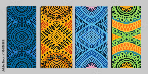 Four colorful patterned rectangular bookmarks with bohemian and tribal designs