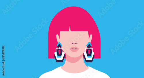 A vibrant illustration of a woman with pink hair and colorful earrings on a blue background