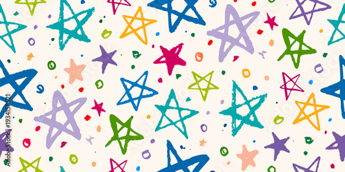 Colorful hand drawn stars and dots create a playful whimsical background