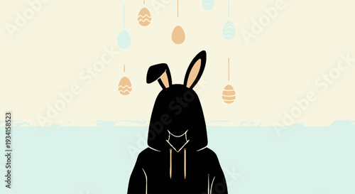 A person wearing a black hoodie with bunny ears on a pastel background with Easter eggs
