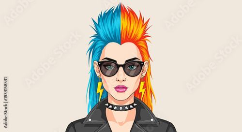 A vibrant cartoon illustration of a woman with colorful hair and sunglasses