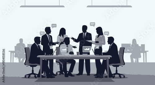 A group of business professionals engaged in a meeting in a modern office setting