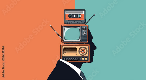 A man with a creative mind full of old media and technology devices