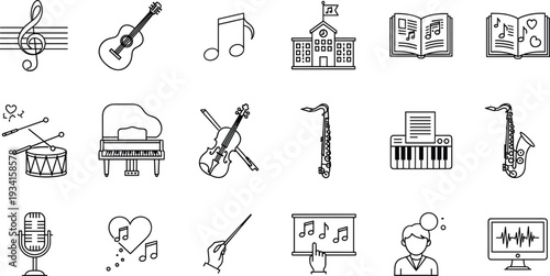 Illustration Icon Set of Various Music Instruments and Symbols in a Single Frame