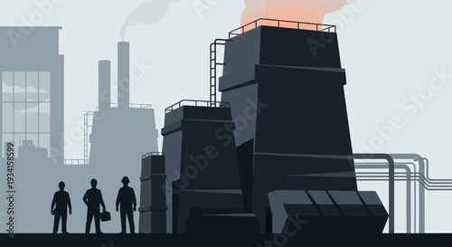 A group of workers standing in front of a large industrial factory complex