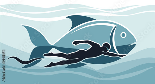 A person swimming inside a large fish in the ocean water