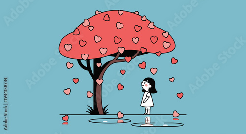 A cartoon girl stands under a heart-shaped tree with floating hearts around her