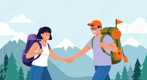 Couple Hiking in Mountains and Forest Hand-in-Hand - Outdoor Adventure Flat Illustration