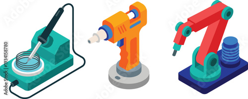 Industrial air compressor collection with soldering station glue gun and robotic arm flat vector illustration set