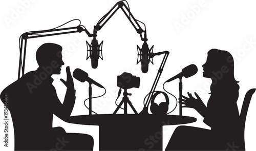 Silhouette of man and woman recording podcast with microphones
