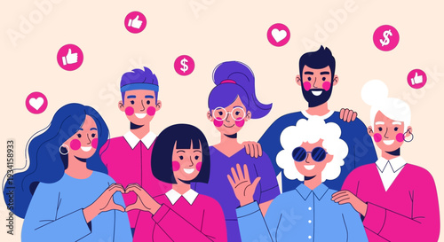 Diverse Social Media Community: Engagement, Connection & Monetization with Likes, Hearts, and Dollar Signs - Flat Illustration
