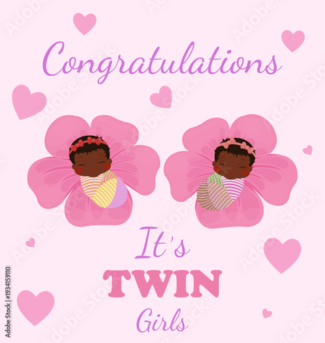 Newborn Twin Baby Girls African American Celebration Poster. Perfect for gender reveal parties, baby showers, or hospital homecoming announcements. Twin Girls Baby Shower Vector Illustration