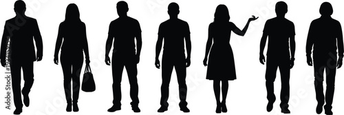 Diverse group of people silhouettes in casual attire on white background woman standing