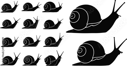 Multiple black snail silhouettes in various sizes and poses on white shell antennae