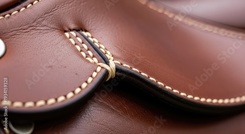 Close-up of a brown leather saddle with stitching.