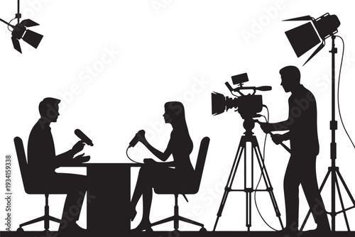 Silhouette of news interview with camera crew television production
